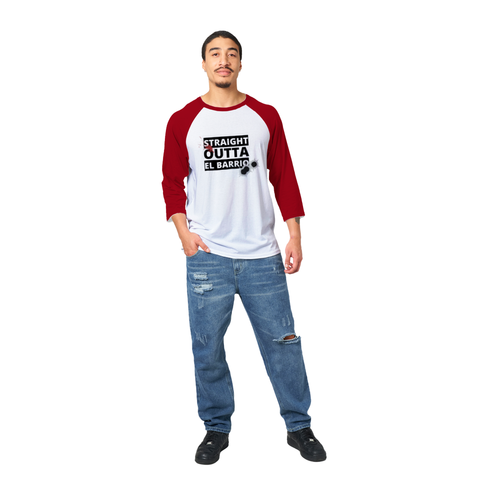 Straight Outta El Barrio Unisex 3/4 sleeve Raglan T-shirt - Tienda de barrio | Chicano | Barrio | Callejero - DelBarrio_store