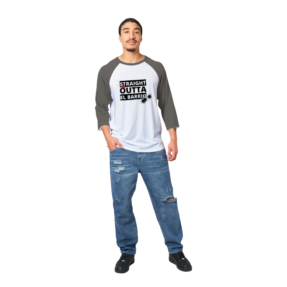 Straight Outta El Barrio Unisex 3/4 sleeve Raglan T-shirt - Tienda de barrio | Chicano | Barrio | Callejero - DelBarrio_store