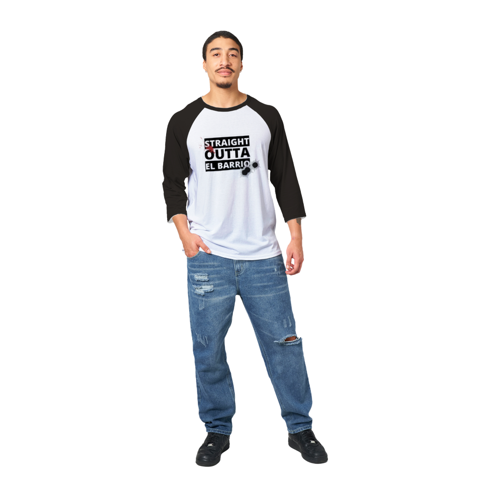 Straight Outta El Barrio Unisex 3/4 sleeve Raglan T-shirt - Tienda de barrio | Chicano | Barrio | Callejero - DelBarrio_store
