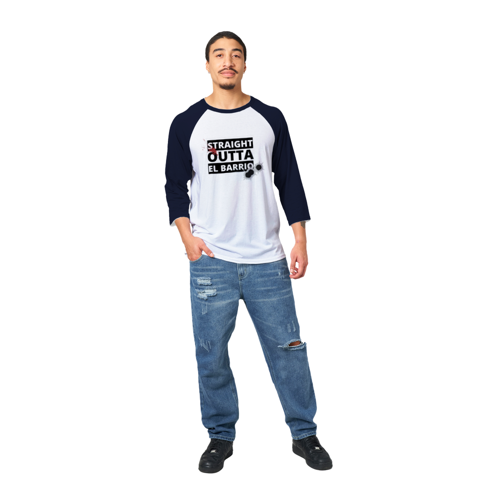 Straight Outta El Barrio Unisex 3/4 sleeve Raglan T-shirt - Tienda de barrio | Chicano | Barrio | Callejero - DelBarrio_store